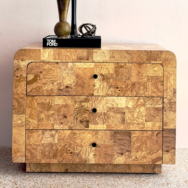 1980s Postmodern Three-Drawer Waterfall Dresser With Faux Burlwood Laminate Veneer For Sale - Image 5 of 15