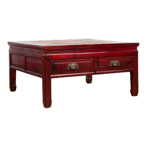 Chinese Dark Red Lacquered Coffee Table with Bamboo Top and Long Drawers