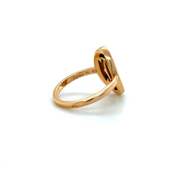 Contemporary Cartier 18k Rose Gold Ring With Logo Double C Motif and Diamond Halo, Size 5.25 For Sale - Image 3 of 6