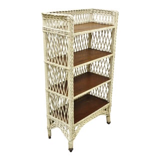 Early 1900s Antique American Victorian White Wicker 5 Shelf Bookcase Curio Display Stand For Sale