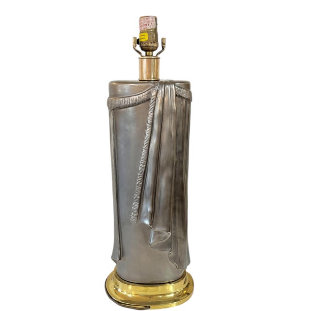 Art Deco 1980’s E. F. Chapman Dorothy Draper Trompe L’Oeil Style Silver Gray and Brass Lamp For Sale - Image 3 of 18