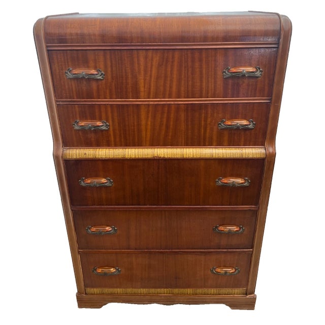 Art Deco Vintage 1940s Art Deco Dresser Chest Five Drawers Waterfall Top Bakelite Pulls For Sale - Image 3 of 14