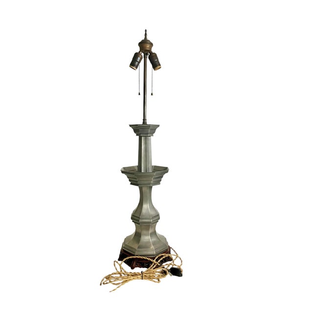 Christopher Spitzmiller, Inc Pair Vintage Mid-Century Modern Pewter Candlestick Lamps With Chinoiserie Bases For Sale - Image 4 of 18