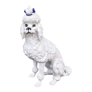 Italian Faience Poodle Figure, White Glaze With Blue Bow, Mid-20th Century, 21 3/4 In. Tall