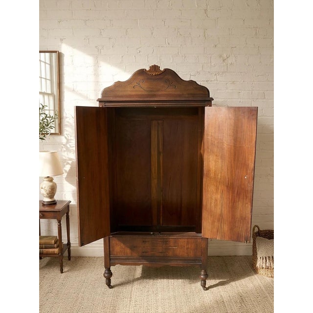 Wood Antique Carved Wood Drop-Front Armoire Cabinet For Sale - Image 7 of 12