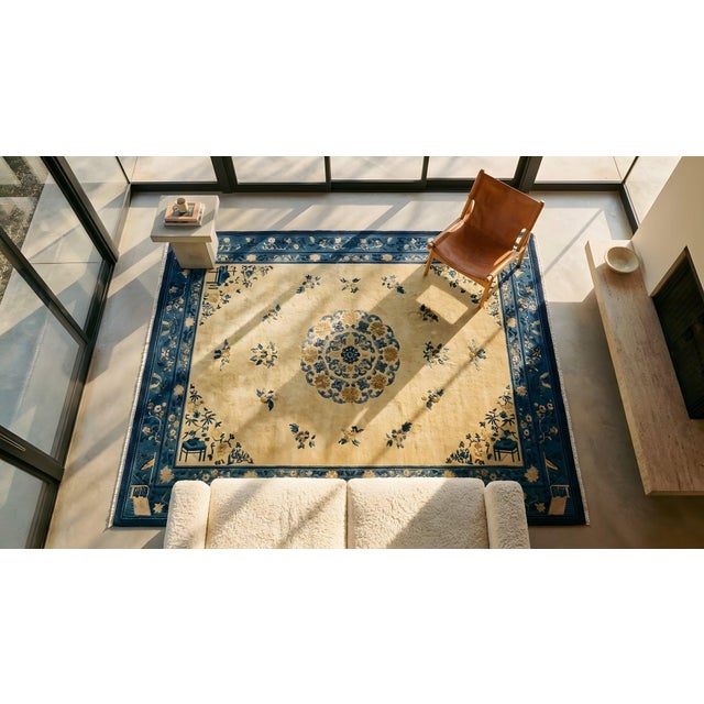 1920s Beige Minimalist Open Field Antique Chinese Peking Carpet 8' X 9'6'' Knotted Wool Rug For Sale - Image 11 of 12