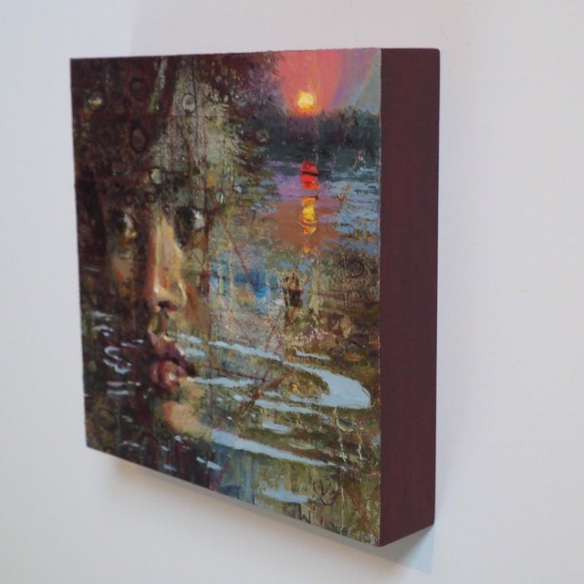 Figurative Remembrance by Lisa Fricker | Oil on collage panel Portrait of a face reflecting in water at sunset For Sale - Image 3 of 3