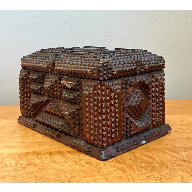 Wood Vintage Tramp Art Wood Box For Sale - Image 7 of 12