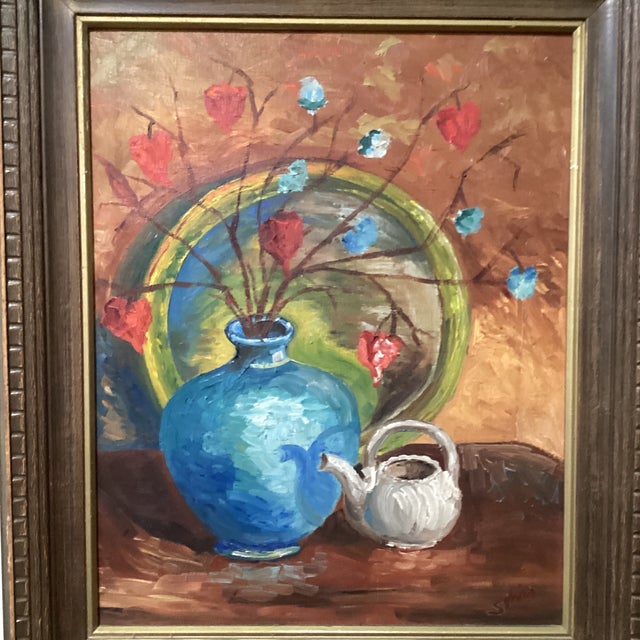 This vintage original still life oil painting on a canvas board captures the essence of its time period produced in the...