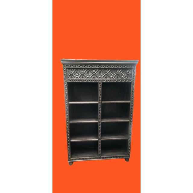 Ebony Vintage Carved Indonesian Open Bookcase For Sale - Image 8 of 9