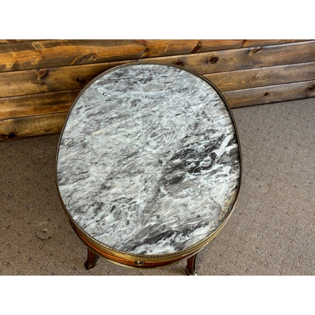 Vintage French Louis XVI Style Oval Coffee Table With Marble Top and Brass Gallery For Sale - Image 9 of 12