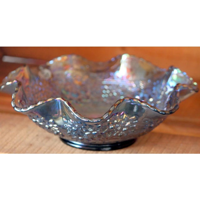 Blue 1970s Fenton Art Glass Iridescent Ice Blue Cherry Chain Bowl With Orange Tree Exterior For Sale - Image 8 of 11