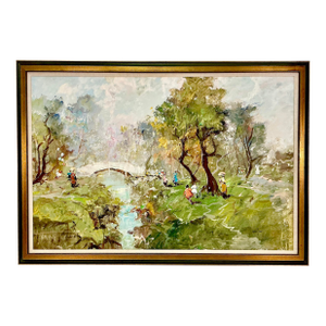 1940s Vintage Italian Impressionist Abstract Original Oil Painting, a Day in the Park