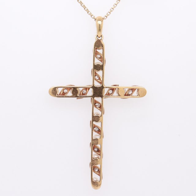 Metal Antique Edwardian 14k Gold, Diamond, & Baroque Pearl Cross Necklace Pendant For Sale - Image 7 of 12
