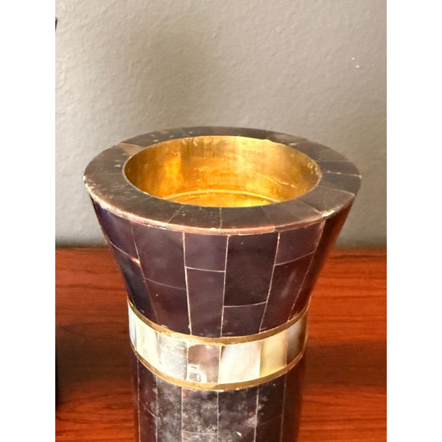 1980s Pair of Tessellated Horn and Brass Candle Holders For Sale - Image 11 of 12