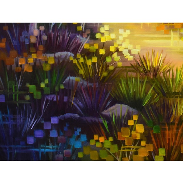 Evening Magic by Michelle Condrat | Oil on board Colorful forest scene with golden trees and sunlight. For Sale - Image 4 of 5