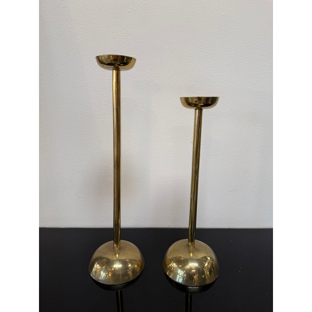 1960s Pair of Mid-Century Italian Brass Candlesticks With Sculptural Domed Bases, 1960 For Sale - Image 5 of 8