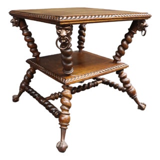 Merklin Brothers Attributed Barley Twist Quarter Sawn Oak Side Table With Lion Mask Mounts For Sale