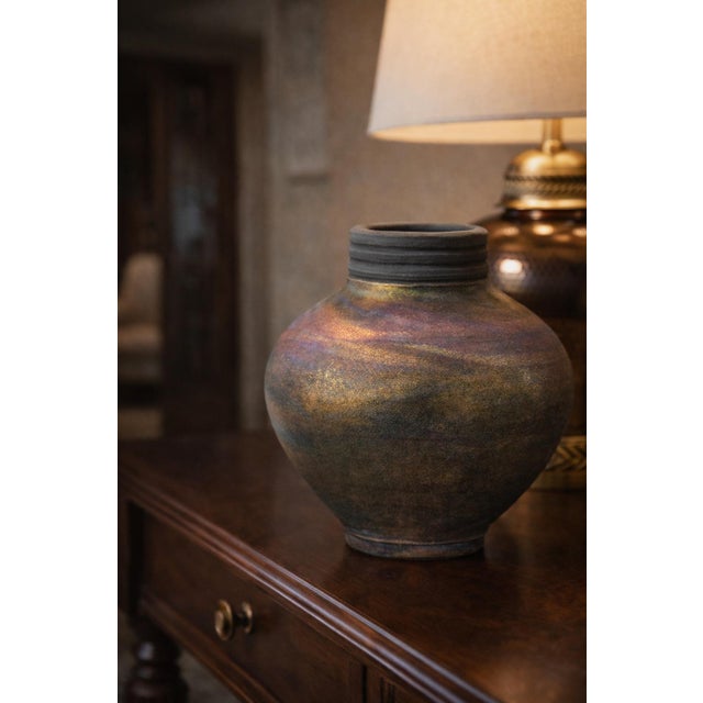 Ceramic Signed Studio Art Pottery Vessel With Iridescent Reduction Glaze (Monogram Jw) For Sale - Image 7 of 8