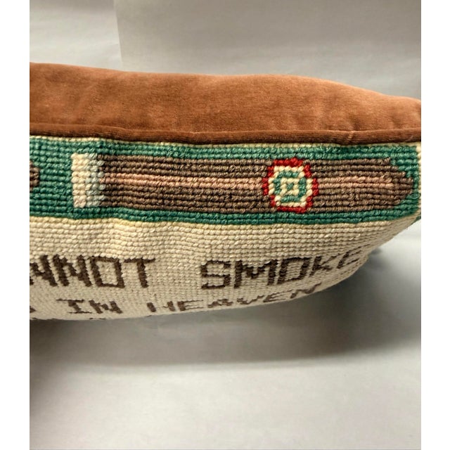 Humorous cigar themed needlepoint pillow. Quoting Mark Twain, “If I cannot smoke cigars in heaven then I shall not go.”...