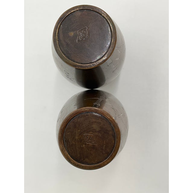 Vintage Japanese Silver Inlaid Bamboo Design Bronze Vase Set of 2 Meiji Period For Sale - Image 12 of 17