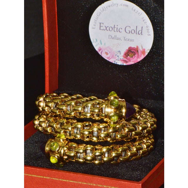 Rare Vintage Fope 18k Gold Double Wrap Twist Snake Bracelet With Amethyst & Peridot For Sale - Image 12 of 15