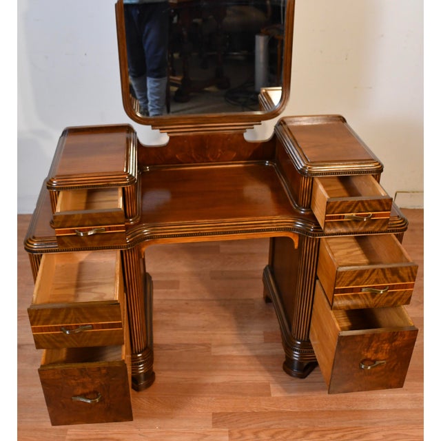 1950s Vintage Art Deco Walnut Inlaid Vanity and Mirror / Makeup Table For Sale - Image 11 of 16