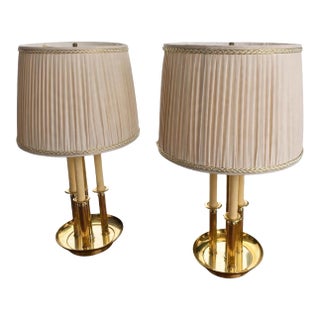 Set of 2 Vintage Brass Bouillotte Pair Table Lamps 3 Arm Candelabra Lamp With Pleated Shades Hollywood Regency For Sale
