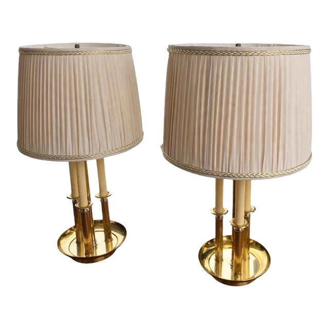 Set of 2 Vintage Brass Bouillotte Pair Table Lamps 3 Arm Candelabra Lamp With Pleated Shades Hollywood Regency For Sale