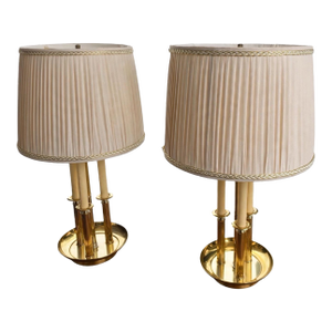 Set of 2 Vintage Brass Bouillotte Pair Table Lamps 3 Arm Candelabra Lamp With Pleated Shades Hollywood Regency