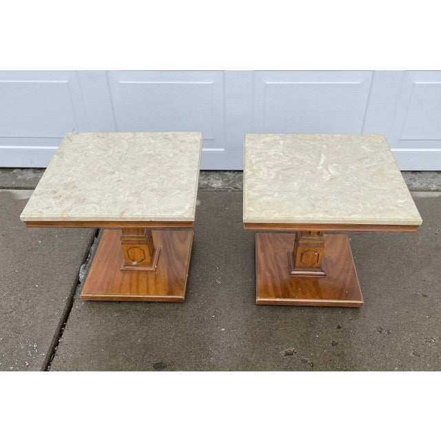 1970s Mid-Century Modern Walnut Marble Tables - a Pair For Sale In Los Angeles - Image 6 of 8