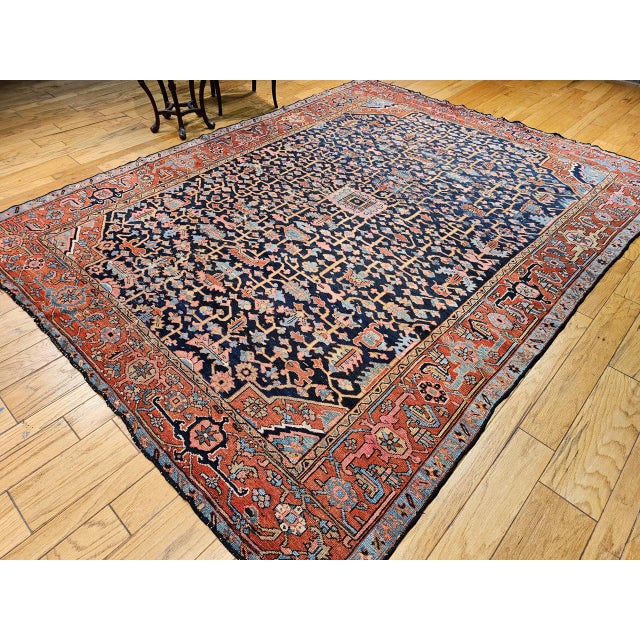 19th Century Persian Heriz Serapi Rug, Hand-Knotted Wool, Allover Geometric Pattern, Blue & Red, 8x11 For Sale - Image 10 of 18