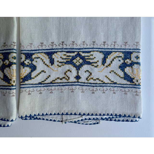 Vintage Pair Embroidered Blue & White Linen "Griffin" Hand Towels For Sale In New York - Image 6 of 12