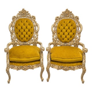 Mid 20th Century Pair of Rococo Revival Carved Armchairs in Mustard-Gold Velvet For Sale