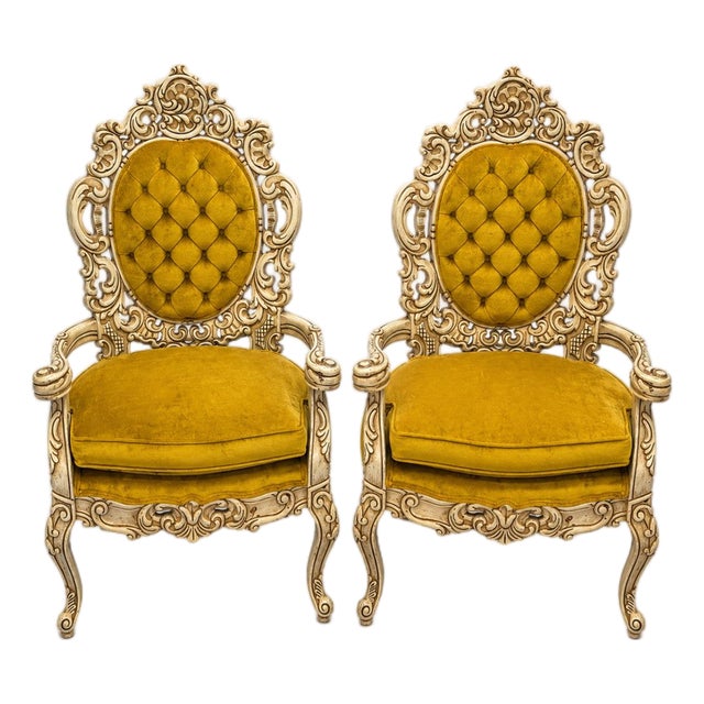 Mid 20th Century Pair of Rococo Revival Carved Armchairs in Mustard-Gold Velvet For Sale