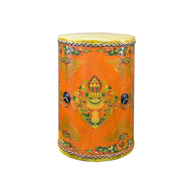 Asian Distressed Light Orange Tibetan Style Jewel Symbol Round Drum Table For Sale - Image 3 of 10
