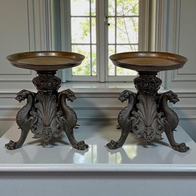 Pair of Renaissance Revival Bronze Rose Bowl ~ Pillar Candle Stands, originally designed as supports for oil lamps and...