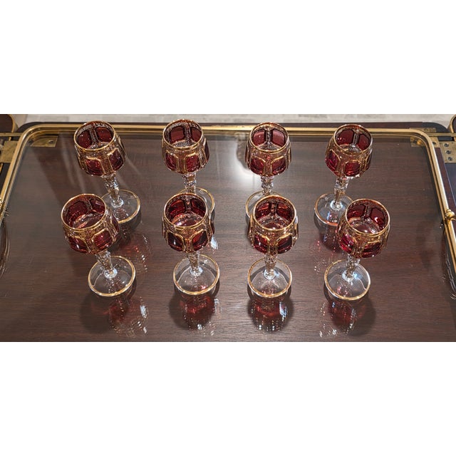 Early 20th Century Moser Bohemian Cut to Clear Paneled Cranberry Red Gold Gilt Stemmed Cordial Glasses - Set of 8 For Sale - Image 15 of 18