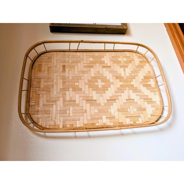 Boho Chic 1950s Bohomien Wicker and Bamboo Serving Tray For Sale - Image 3 of 10