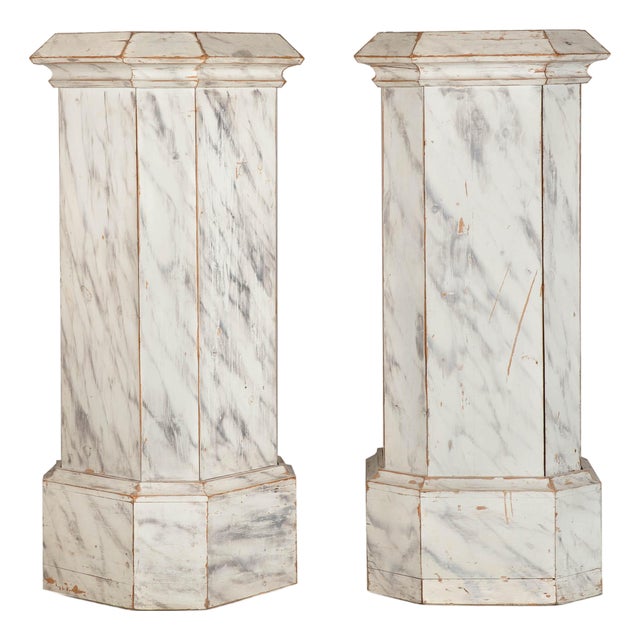 Pair of Faux-Marble Painted Pine Columns, Early 20th Century For Sale