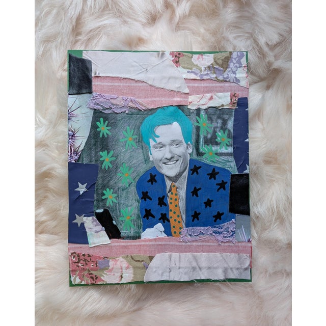 8.5" x 11" A mixed-media collage featuring Conan O'Brien with blue hair, adorned in a maximalist style with colorful...