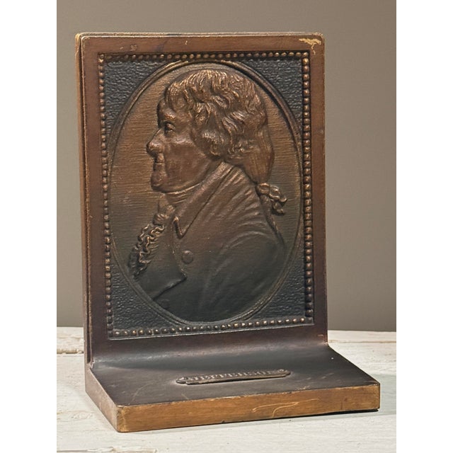 1940s Vintage Pair of Cast Bronze Bas-Relief Thomas Jefferson Portrait Bookends For Sale - Image 5 of 9