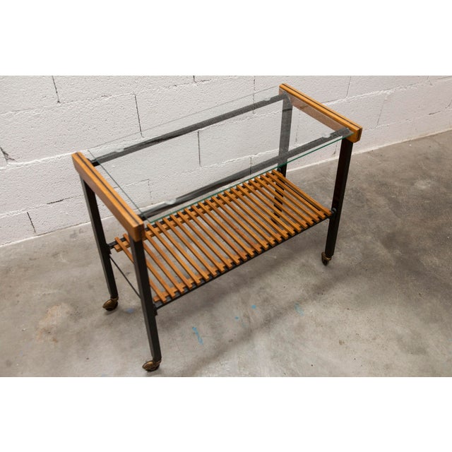Vintage Teak, Black Metal, and Glass Serving Cart on Casters, 1960s For Sale - Image 4 of 17