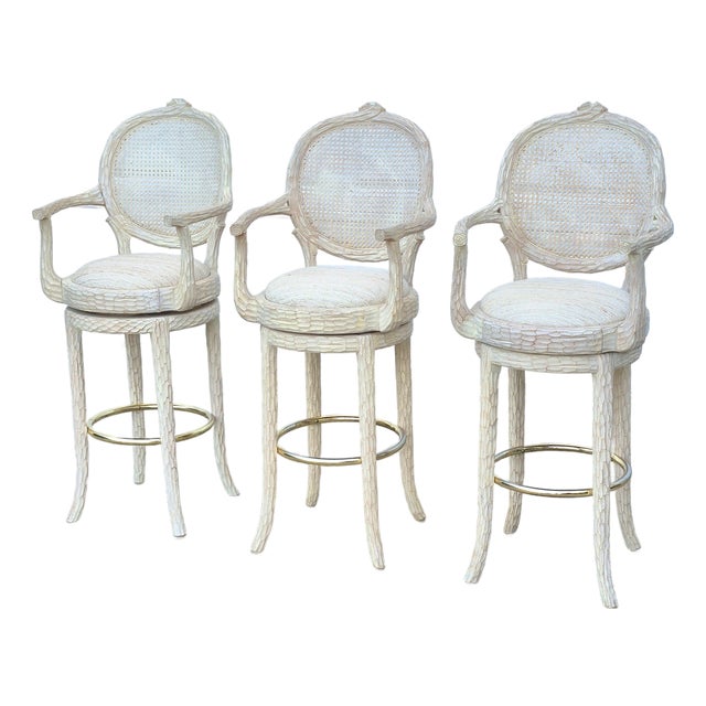 1990s Hollywood Regency Carved Faux Bois Cane Back Swivel Bar Stools With Arms, Set of 3 For Sale