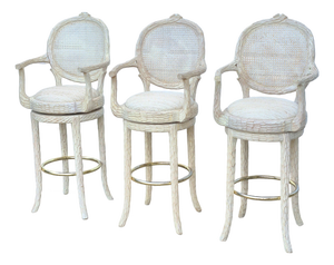 1990s Hollywood Regency Carved Faux Bois Cane Back Swivel Bar Stools With Arms, Set of 3