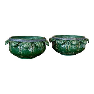 Pair of Early 20th Century Green Glazed Sculptural Leaf Motif Garden Planters For Sale