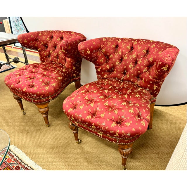 Pair of Chinoiserie Tufted Red Barrel Back Slipper Chairs For Sale - Image 10 of 11