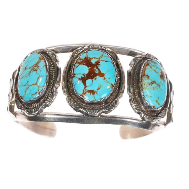 Native American 6.75" Vintage Native American sterling 3 turquoise cuff bracelet w/Brown matrix For Sale - Image 3 of 10