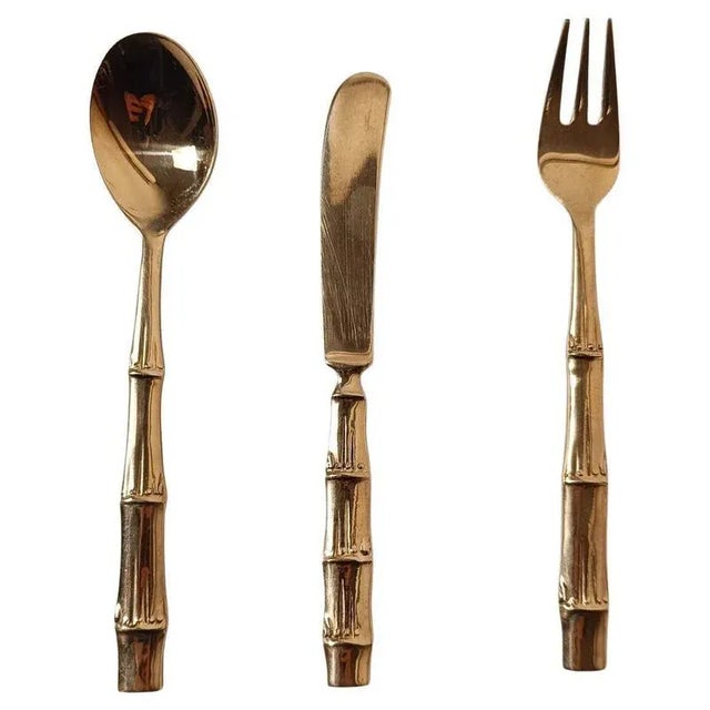 Vintage Brass and Faux Bamboo Flatware Dessert Set, 1970s, Set of 36 For Sale - Image 15 of 15