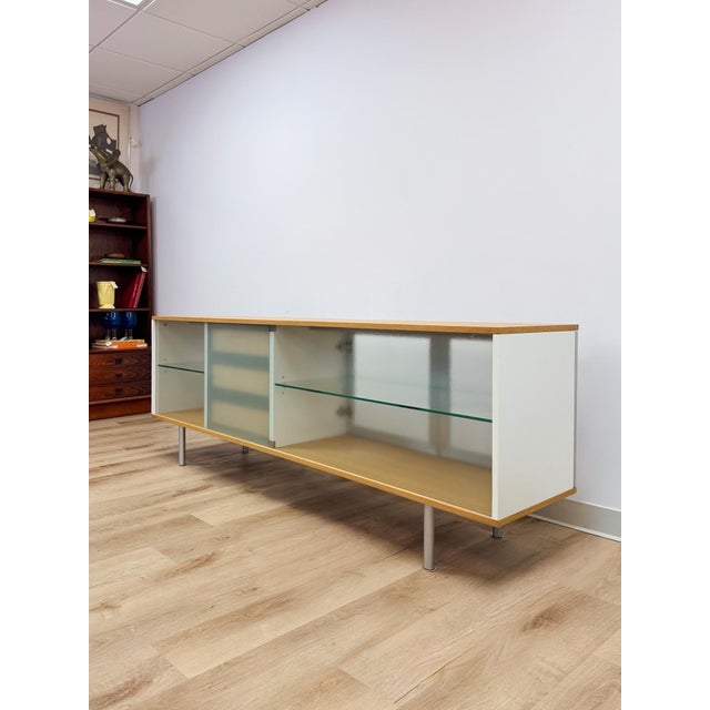 Modern MCM Wood Glass Metal Sideboard Credenza White Natural Frosted Glass For Sale - Image 13 of 13